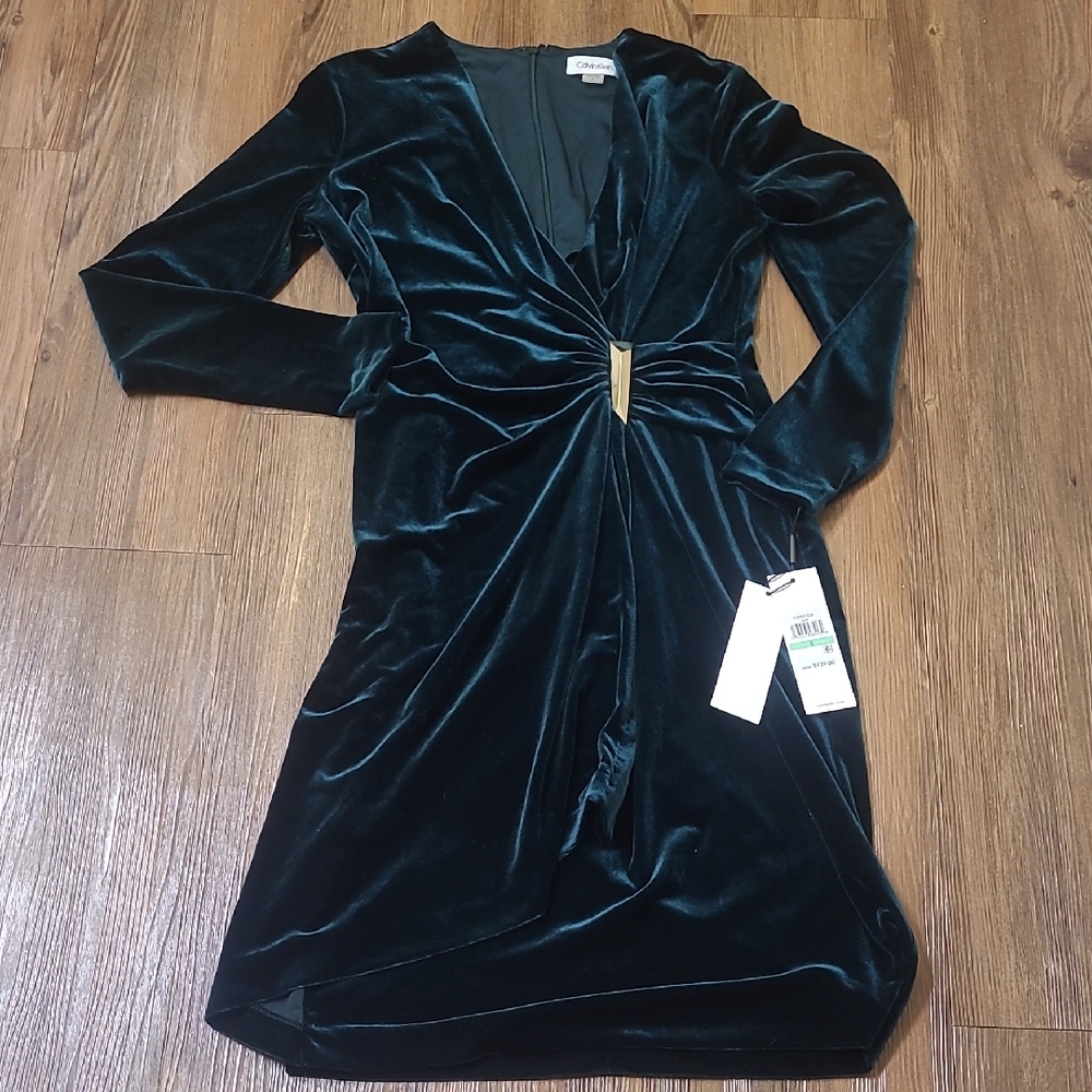 Calvin Klein Deep Green Velvet Long Sleeve Dress new for‎ women zise 8